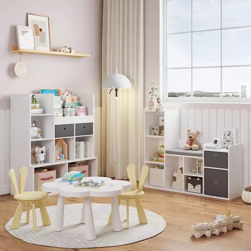Libreria per bambini con larghezza di 112 cm, 6 scomparti, 2 cassetti, cuscino per seduta e organizer per giocattoli – Bianca