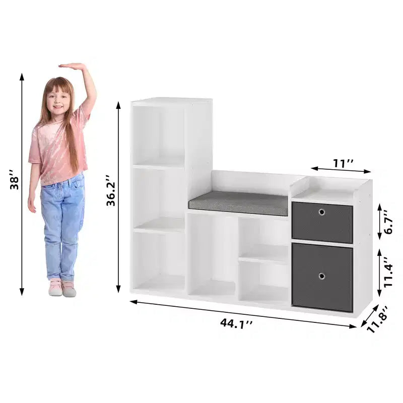 Libreria per bambini con larghezza di 112 cm, 6 scomparti, 2 cassetti, cuscino per seduta e organizer per giocattoli – Bianca