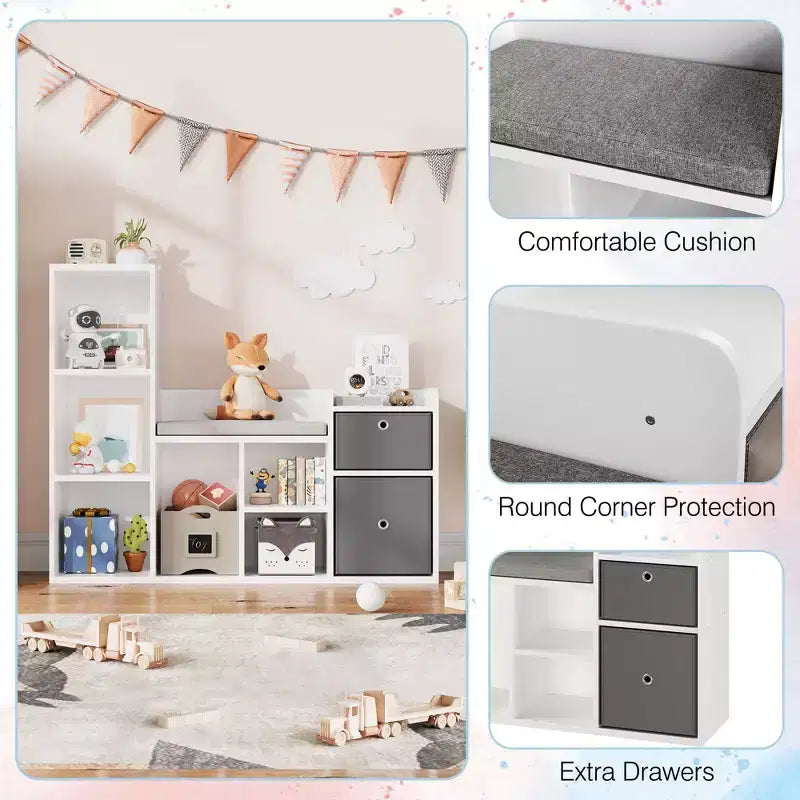 Libreria per bambini con larghezza di 112 cm, 6 scomparti, 2 cassetti, cuscino per seduta e organizer per giocattoli – Bianca