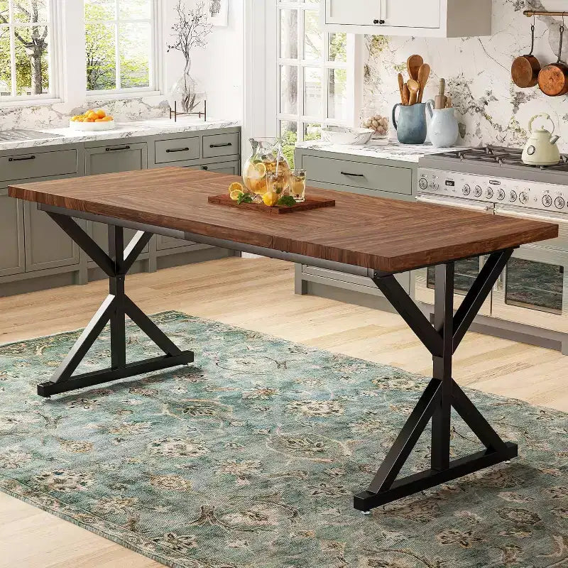Tavolo da Pranzo Rustico per 6-8 Persone, Tavolo Rettangolare in Legno da 180 cm con Struttura in Metallo