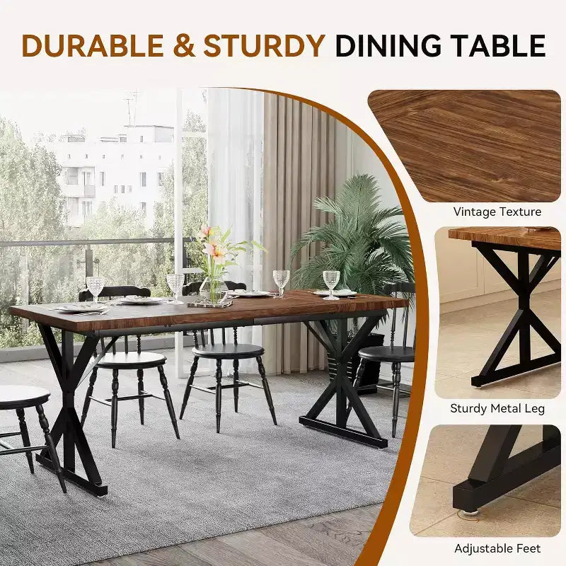Tavolo da Pranzo Rustico per 6-8 Persone, Tavolo Rettangolare in Legno da 180 cm con Struttura in Metallo