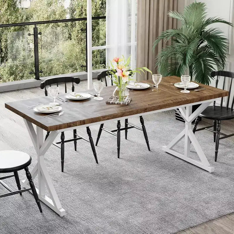 Tavolo da Pranzo Rustico per 6-8 Persone, Tavolo Rettangolare in Legno da 180 cm con Struttura in Metallo
