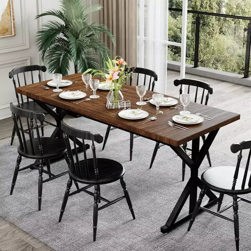 Tavolo da Pranzo Rustico per 6-8 Persone, Tavolo Rettangolare in Legno da 180 cm con Struttura in Metallo