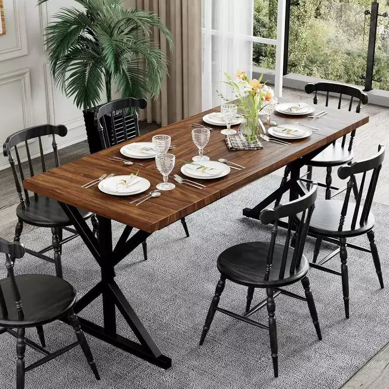 Tavolo da Pranzo Rustico per 6-8 Persone, Tavolo Rettangolare in Legno da 180 cm con Struttura in Metallo
