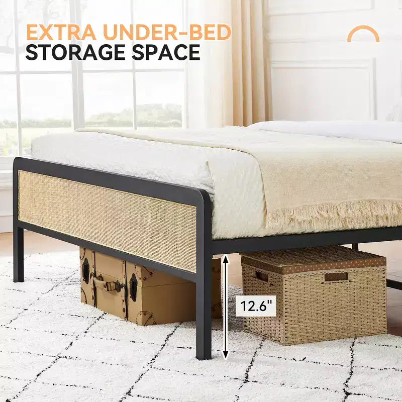 Struttura Letto Matrimoniale con Testiera e Pediera in Rattan, Letto a Piattaforma con Supporto a Doghe Metalliche, Nessuna Molla Richiesta