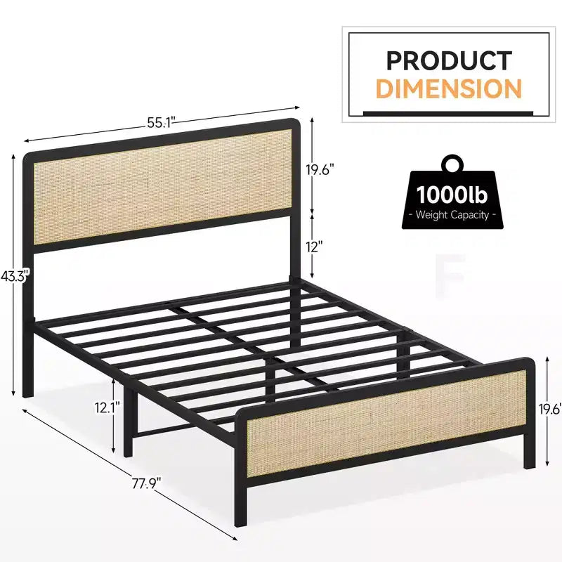 Struttura Letto Matrimoniale con Testiera e Pediera in Rattan, Letto a Piattaforma con Supporto a Doghe Metalliche, Nessuna Molla Richiesta