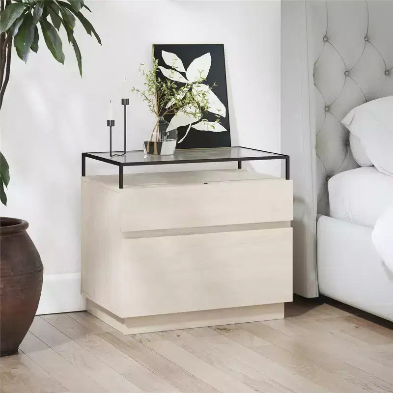 Comodino a 2 cassetti con base a LED e piano in vetro