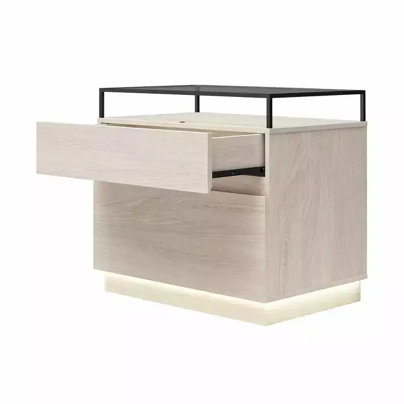 Comodino a 2 cassetti con base a LED e piano in vetro