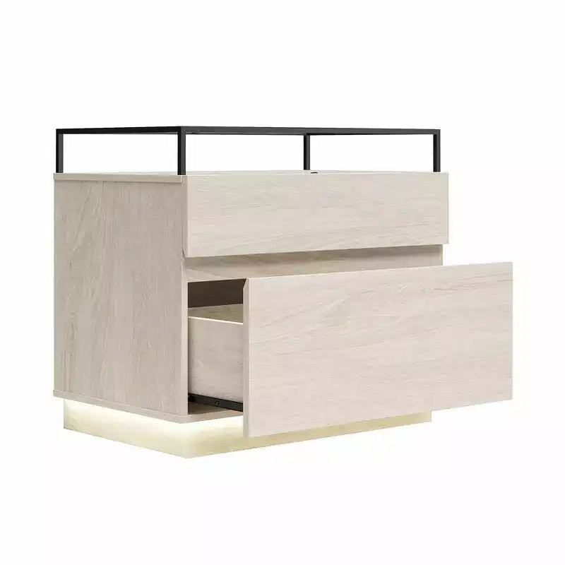 Comodino a 2 cassetti con base a LED e piano in vetro