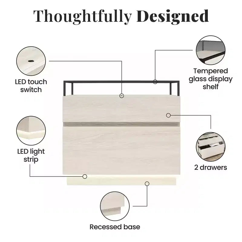 Comodino a 2 cassetti con base a LED e piano in vetro