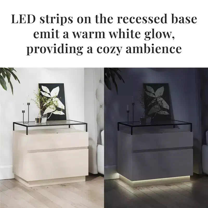 Comodino a 2 cassetti con base a LED e piano in vetro