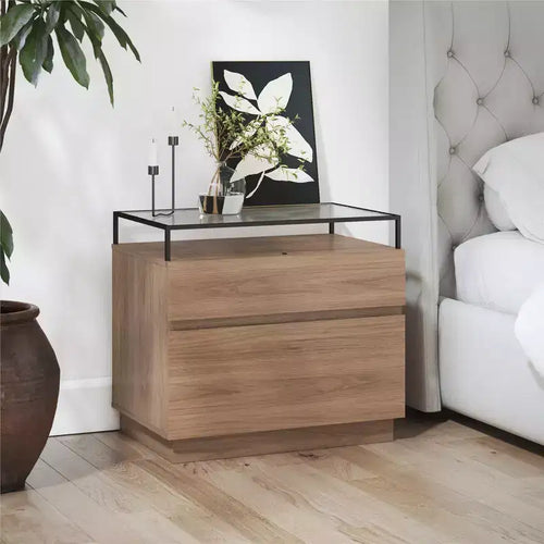 Comodino a 2 cassetti con base a LED e piano in vetro