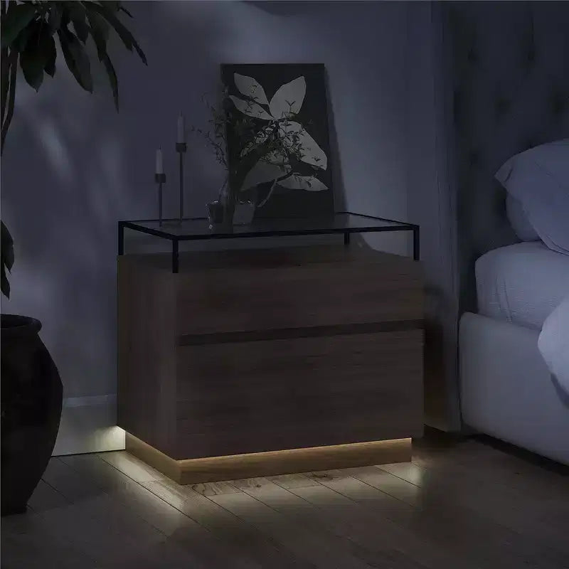 Comodino a 2 cassetti con base a LED e piano in vetro
