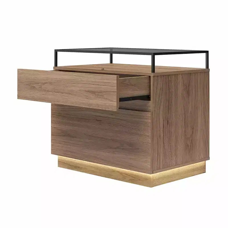 Comodino a 2 cassetti con base a LED e piano in vetro