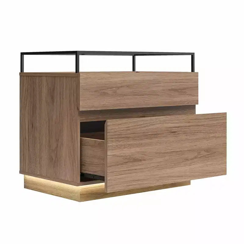 Comodino a 2 cassetti con base a LED e piano in vetro