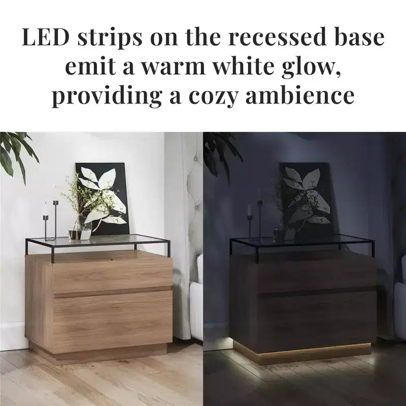 Comodino a 2 cassetti con base a LED e piano in vetro