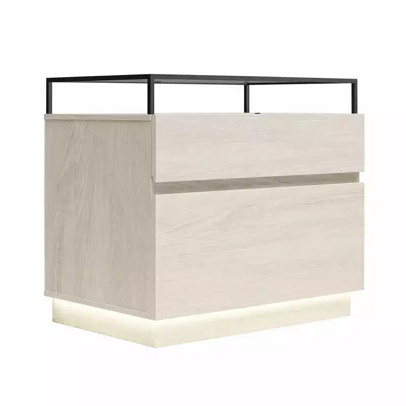 Comodino a 2 cassetti con base a LED e piano in vetro