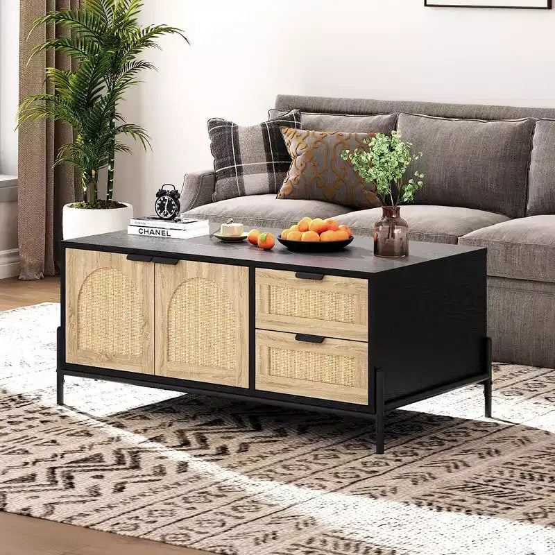 Tavolino da caffè in rattan stile rustico con 2 cassetti, ripiano aperto e illuminazione a LED, tavolino rettangolare per soggiorno