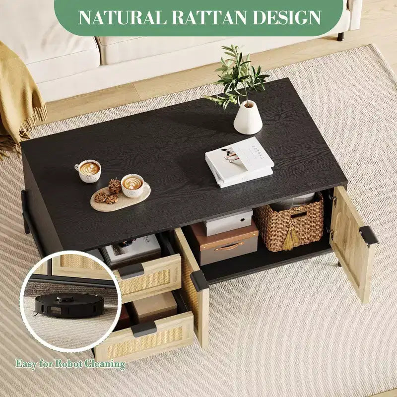 Tavolino da caffè in rattan stile rustico con 2 cassetti, ripiano aperto e illuminazione a LED, tavolino rettangolare per soggiorno
