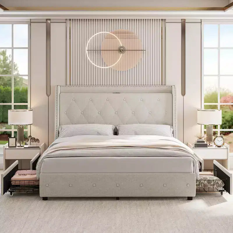 GustoWave Upholstered Bed Frame, with Charging Station & Wingback, 4 Storage Drawers