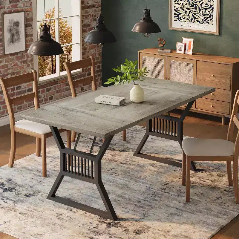 Tavolo da pranzo rettangolare da 180 cm con base a cavalletto in metallo, 6-8 posti