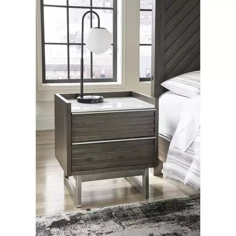 Comodino a 2 cassetti con piano in marmo bianco e finitura in legno