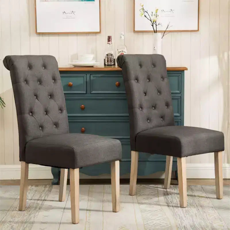 Sedie da Pranzo Imbottite con Schienale Trapuntato, Set da 2 – Struttura in Legno, Poliestere