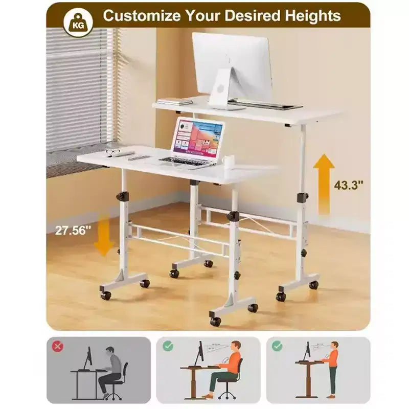 Scrivania mobile con ruote, regolabile in altezza da 70 a 110 cm – Piano in MDF, Struttura in acciaio