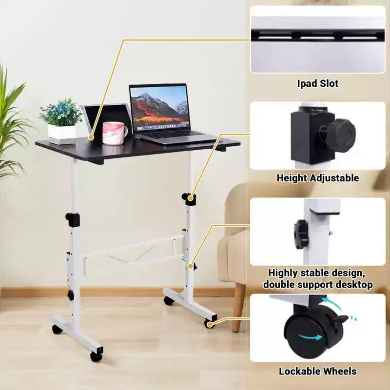 Scrivania mobile con ruote, regolabile in altezza da 70 a 110 cm – Piano in MDF, Struttura in acciaio