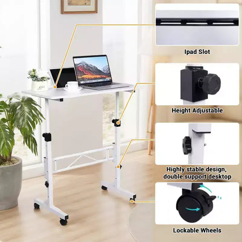 Scrivania mobile con ruote, regolabile in altezza da 70 a 110 cm – Piano in MDF, Struttura in acciaio