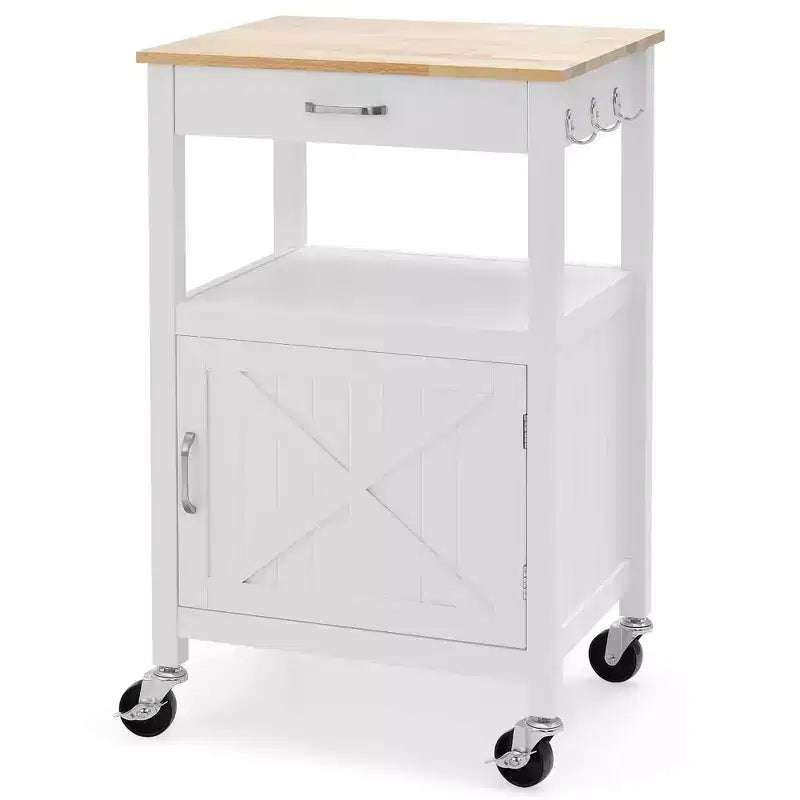 Carrello da cucina con isola su ruote, anta scorrevole, cassetto e ganci