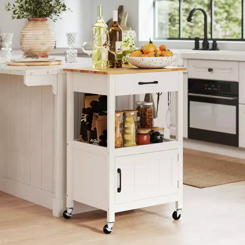 Carrello da cucina con isola su ruote, anta scorrevole, cassetto e ganci