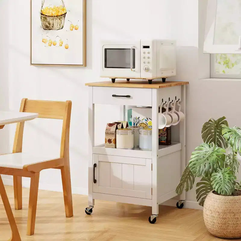 Carrello da cucina con isola su ruote, anta scorrevole, cassetto e ganci