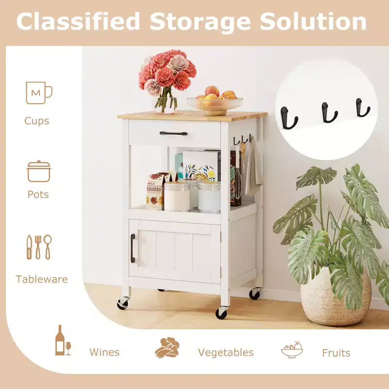 Carrello da cucina con isola su ruote, anta scorrevole, cassetto e ganci