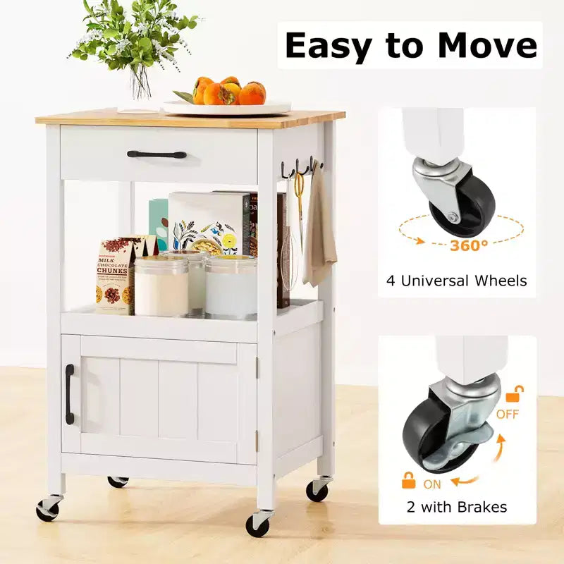 Carrello da cucina con isola su ruote, anta scorrevole, cassetto e ganci