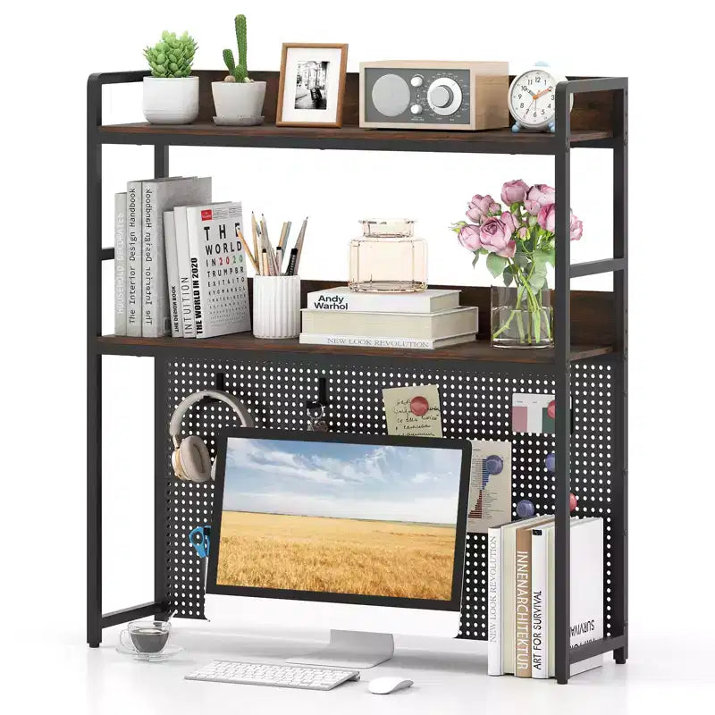 Costway 2-Tier Countertop Desktop Bookshelf w/ Metal Pegboard 2 Anti-tipping Devices