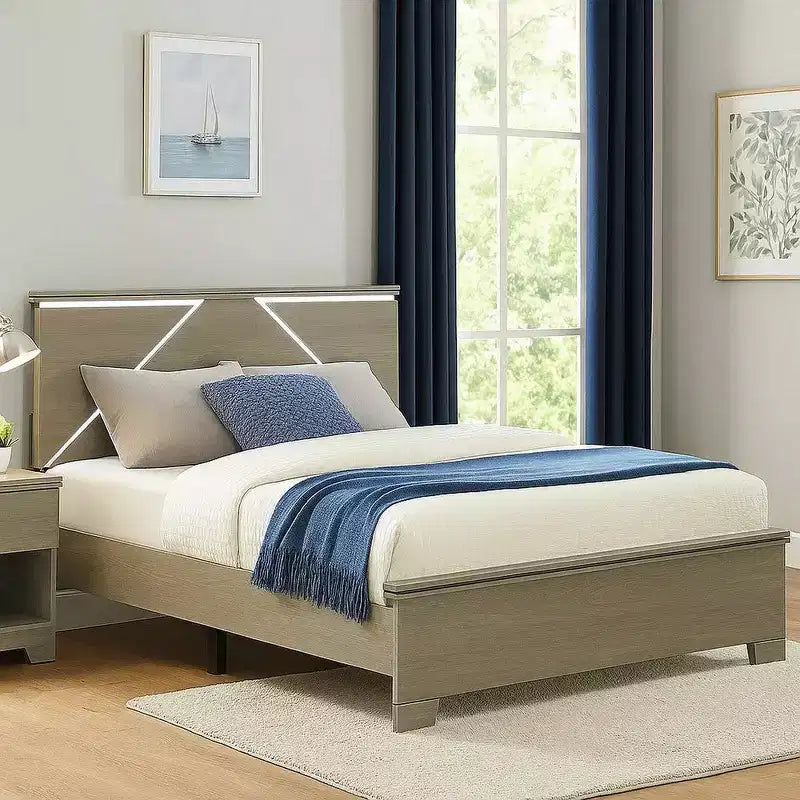 Letto matrimoniale queen-size con testiera a pannelli a LED, Grigio invecchiato