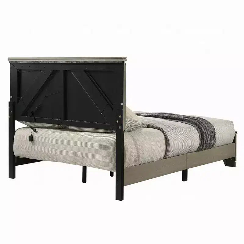Letto matrimoniale queen-size con testiera a pannelli a LED, Grigio invecchiato