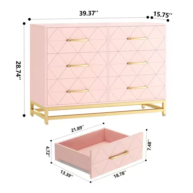 Comò in legno a 6 cassetti con maniglie dorate