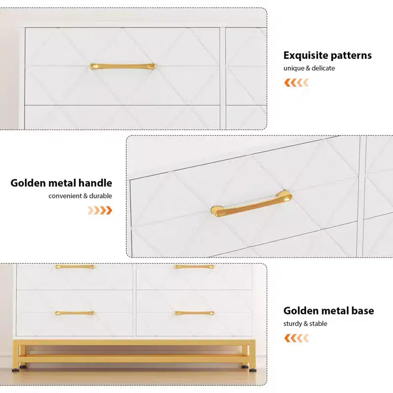 Comò in legno a 6 cassetti con maniglie dorate