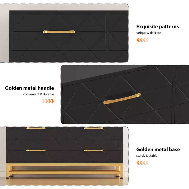 Comò in legno a 6 cassetti con maniglie dorate