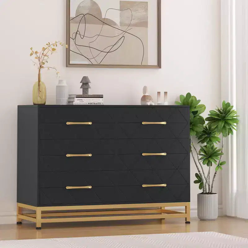 Modern 6-Drawer Wood Dresser with Gold Handles - Versatile Storage Chest for Adult Bedroom, Living Room & Entryway Organization