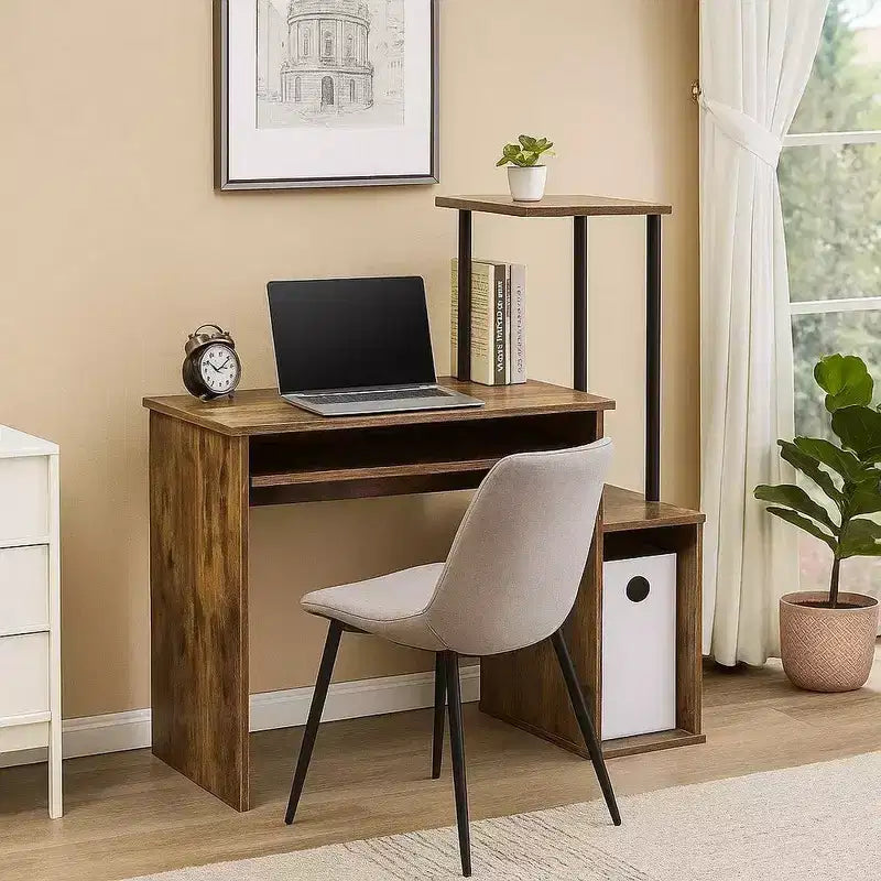 Scrivania per computer con libreria integrata, rovere anticato e nero