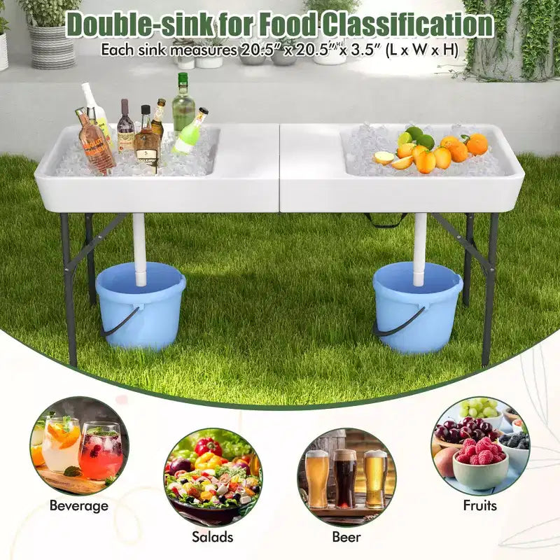 Tavolo ghiacciaia pieghevole con doppio lavello e gonna staccabile