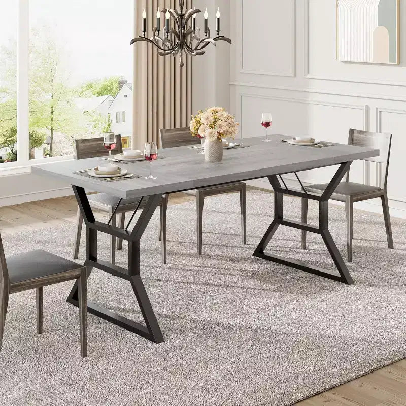 70.9in Industrial Farmhouse Long Dining Table for 6-8 People, Engineered Wood Top & Iron Frame, Cutout Design for Kitchen, Dining Room