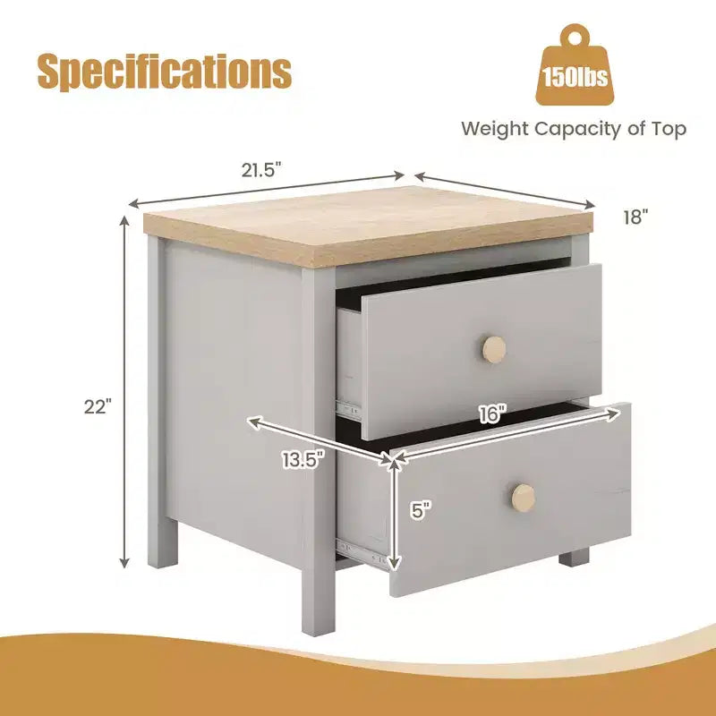 Comodino rustico con 2 cassetti e gambe in legno massello