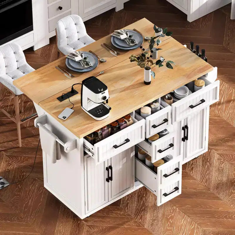Isola da Cucina con Anta a Ribalta, Cassetti Contenitore, Ante e Presa di Corrente Integrata
