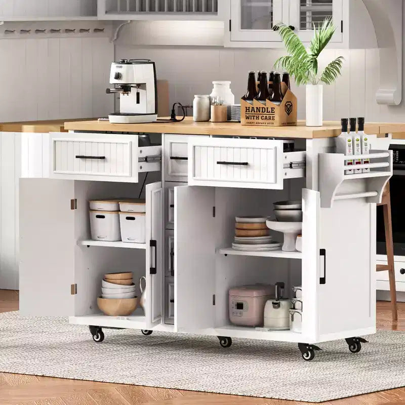 Isola da Cucina con Anta a Ribalta, Cassetti Contenitore, Ante e Presa di Corrente Integrata