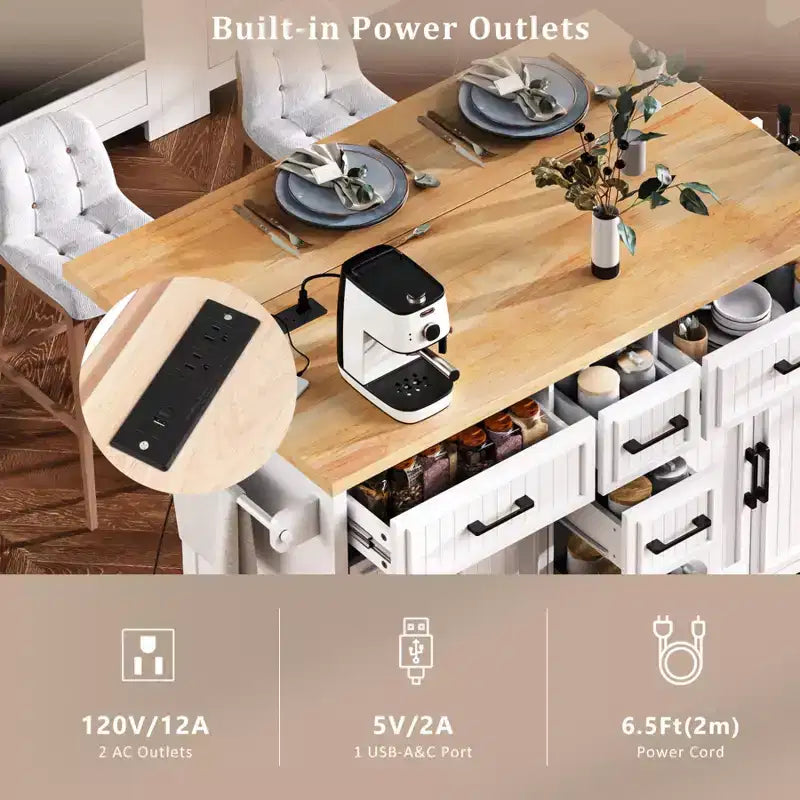 Isola da Cucina con Anta a Ribalta, Cassetti Contenitore, Ante e Presa di Corrente Integrata