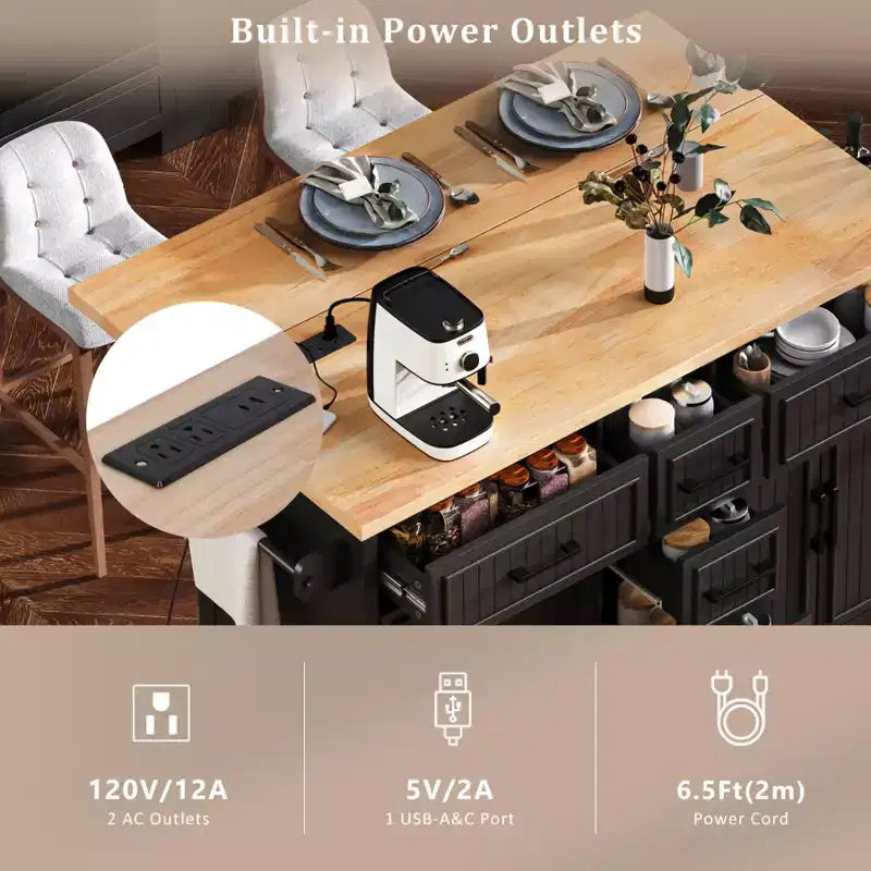 Isola da Cucina con Anta a Ribalta, Cassetti Contenitore, Ante e Presa di Corrente Integrata